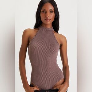 Lulu's Ribbed Halter Neck Bodysuit in Brown